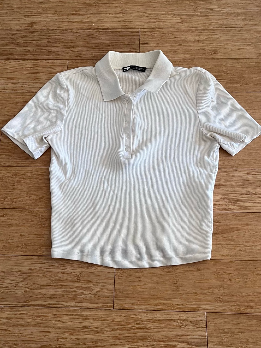 Zara Cream Cropped Ribbed Polo Shirt